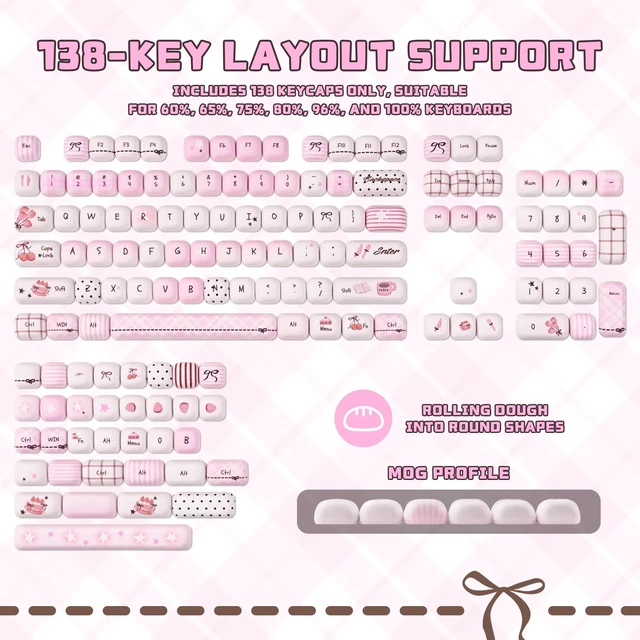 Alt view image 3 of 5 - KEYFLICK PBT Pink Brown Bow Keycaps Cute Key Cap 138 Keys MX Switch