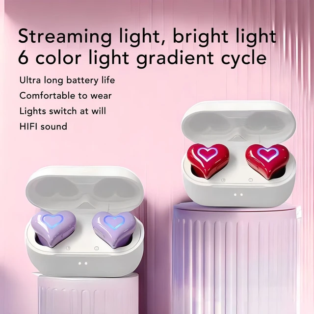 Alt view image 3 of 5 - Erchineko Heart Shaped Wireless Earbuds, Bluetooth 5.3 Headphones with 6 Colors Gradient Light and USB C Charging Case, with Wireless Charging for Sports Workouts and Travel (Red)