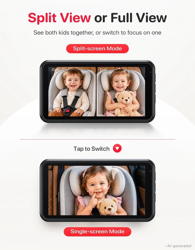 Alt view image 3 of 5 - LUCKVIEW Dual Baby Car Camera, 5.2" Split Screen with 2 Cameras