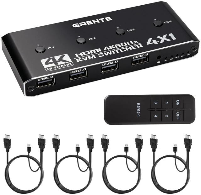 Main image of 4 Port KVM Switch HDMI 1 Monitors 4 Computers - 4K@60Hz KVM Switcher with USB 2.0, 1 Keyboard 4 Computers Switch Box for Desktop, Mini PC, Laptop, Linux - with 4 HDMI Cables & USB Cables