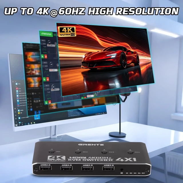 Alt view image 4 of 5 - 4 Port KVM Switch HDMI 1 Monitors 4 Computers - 4K@60Hz KVM Switcher with USB 2.0, 1 Keyboard 4 Computers Switch Box for Desktop, Mini PC, Laptop, Linux - with 4 HDMI Cables & USB Cables