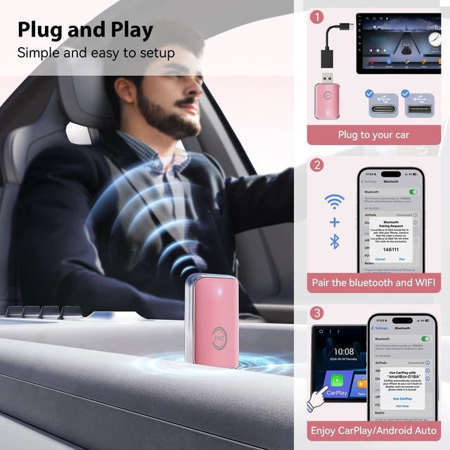 Alt view image 2 of 5 - CZOCPOS Wireless Carplay Adapter for iPhone, 2 in 1 Plug and Play Mini CarPlay and Android Auto Adapter for iOS 10 Android 11 and Above, Convert Wired Car Play to Wireless (Pink)