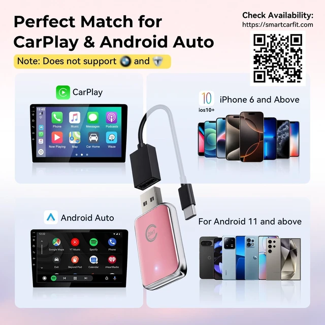Alt view image 5 of 5 - CZOCPOS Wireless Carplay Adapter for iPhone, 2 in 1 Plug and Play Mini CarPlay and Android Auto Adapter for iOS 10 Android 11 and Above, Convert Wired Car Play to Wireless (Pink)