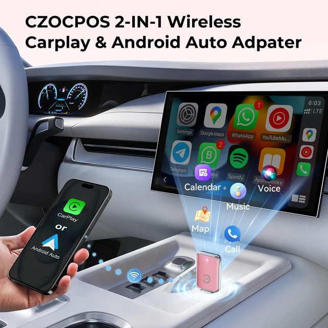Alt view image 3 of 5 - CZOCPOS Wireless Carplay Adapter for iPhone, 2 in 1 Plug and Play Mini CarPlay and Android Auto Adapter for iOS 10 Android 11 and Above, Convert Wired Car Play to Wireless (Pink)