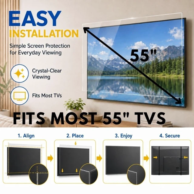 Alt view image 2 of 5 - 55" TV Screen Protector Crystal Clear Clarity for Most TVs - TV Screen Protector Firm - Fits OLED, QLED, LED, and LCD and Most TVs - TV Screen Protection Shield - Fits most TVs
