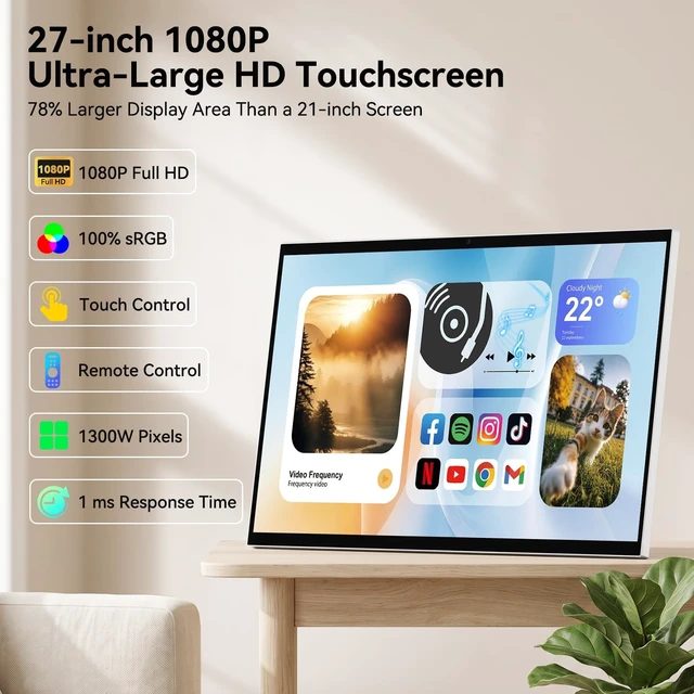 Alt view image 2 of 5 - GKG 27" Portable TV with Touch Screen Android Smart Display, 1080P