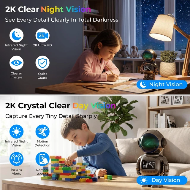 Alt view image 3 of 5 - pafyh 3-in-1 2K Robot Clock Camera, Supporting 5G and 2.4G Dual-Band Wi-Fi Bluetooth, Indoor Security Monitoring, Color Night Vision, Human Motion Detection, Long Battery Life (Grey)