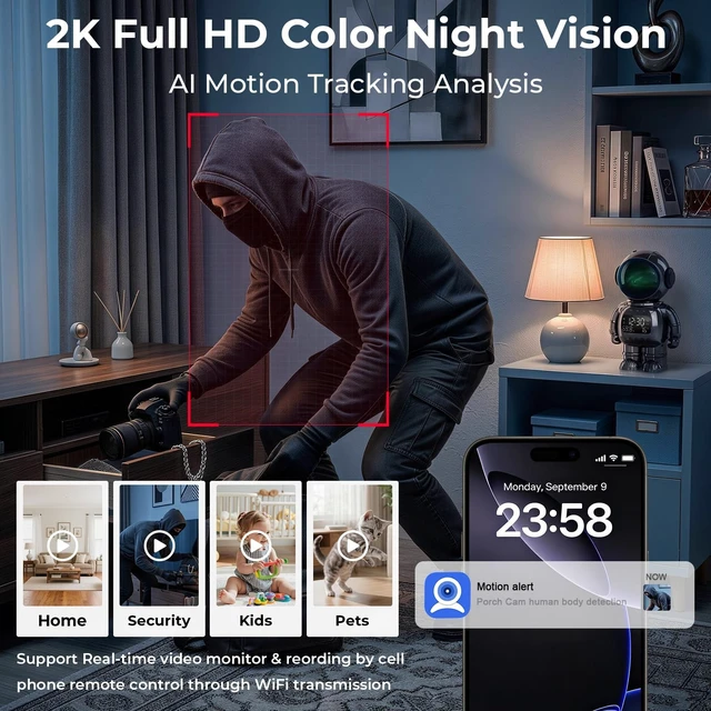 Alt view image 5 of 5 - pafyh 3-in-1 2K Robot Clock Camera, Supporting 5G and 2.4G Dual-Band Wi-Fi Bluetooth, Indoor Security Monitoring, Color Night Vision, Human Motion Detection, Long Battery Life (Grey)