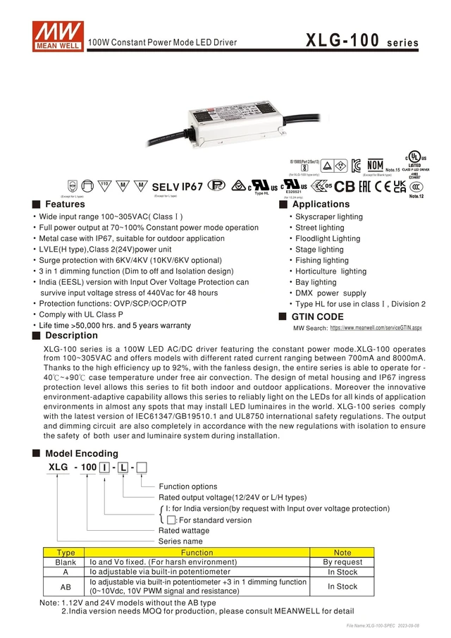 Alt view image 2 of 5 - MEAN WELL XLG-100-H-A 100W 2100mA Constant Voltage+Constant Current LED Driver XLG-100