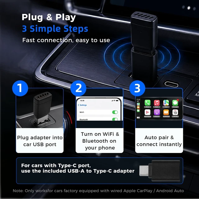 Alt view image 4 of 5 - 2026 Upgraded 2-in-1 Wireless CarPlay & Android Auto Adapter, Wired to Wireless Dongle, Plug & Play Fast Auto-Connect, Stable No Delay, Mini USB & USB-C Plug for iPhone Android, Black