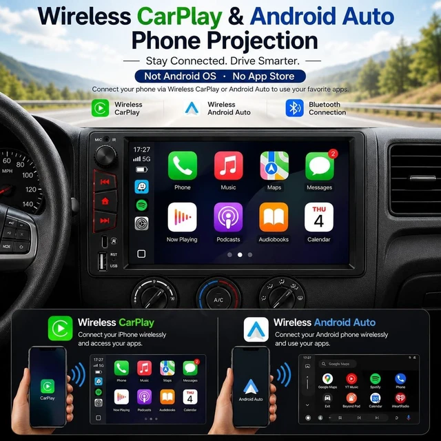 Alt view image 2 of 5 - 7 Inch Double DIN Car Stereo with Wireless CarPlay & Android Auto