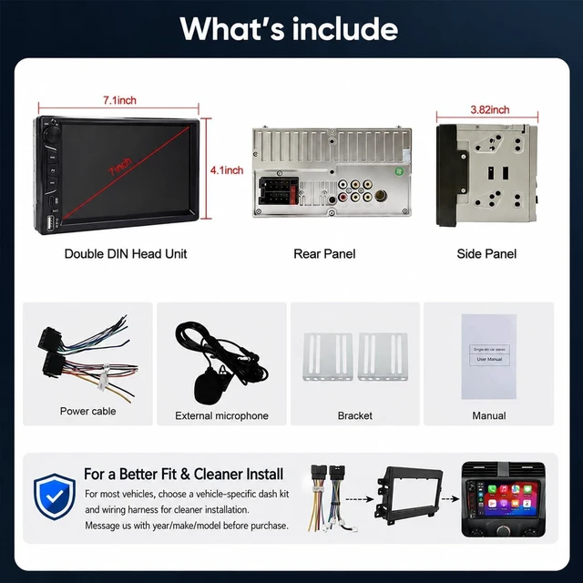 Alt view image 5 of 5 - 7 Inch Double DIN Car Stereo with Wireless CarPlay & Android Auto