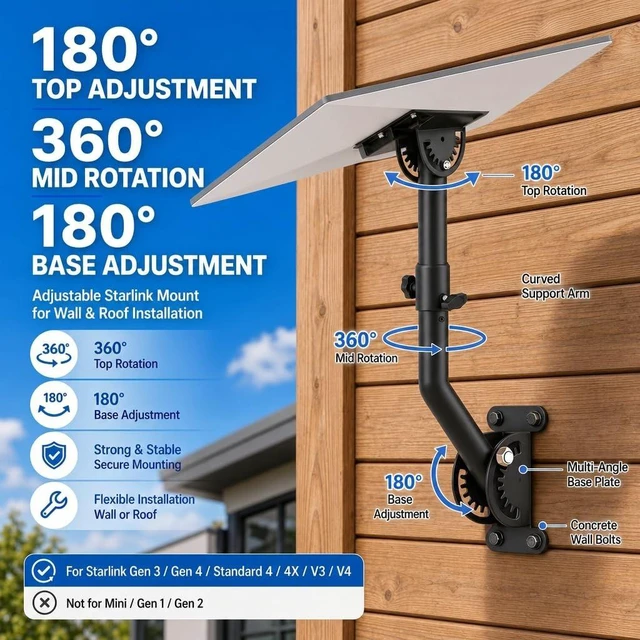 Alt view image 2 of 5 - Wall Roof Mount for Starlink Standard 4/4X Gen3 Adjustable Pipe Adapter Kit