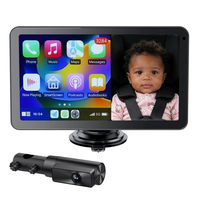 Alt view image 2 of 5 - Baby Car Camera with 7" IPS Touchscreen, CarPlay & Android Auto Compatible, 1080P AHD Baby Car Monitor, IR Night Vision,360 Rotation Live Rear-Seat View, Alternative to Rear-Facing Baby Mirrors