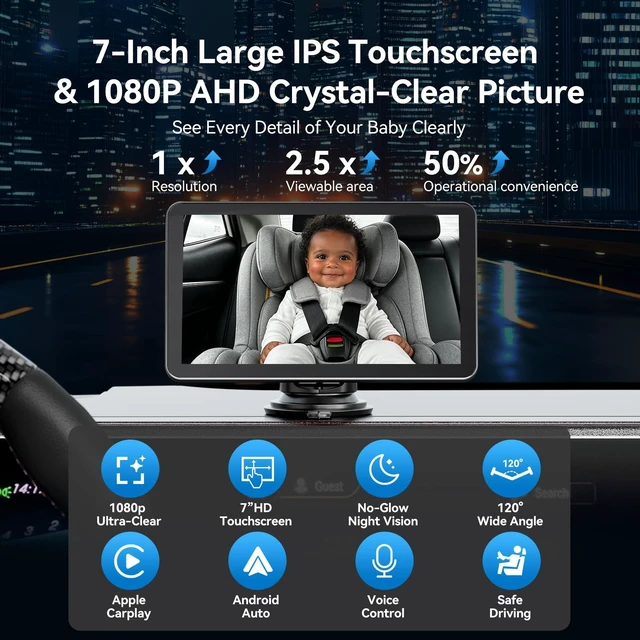 Alt view image 3 of 5 - Baby Car Camera with 7" IPS Touchscreen, CarPlay & Android Auto Compatible, 1080P AHD Baby Car Monitor, IR Night Vision,360 Rotation Live Rear-Seat View, Alternative to Rear-Facing Baby Mirrors