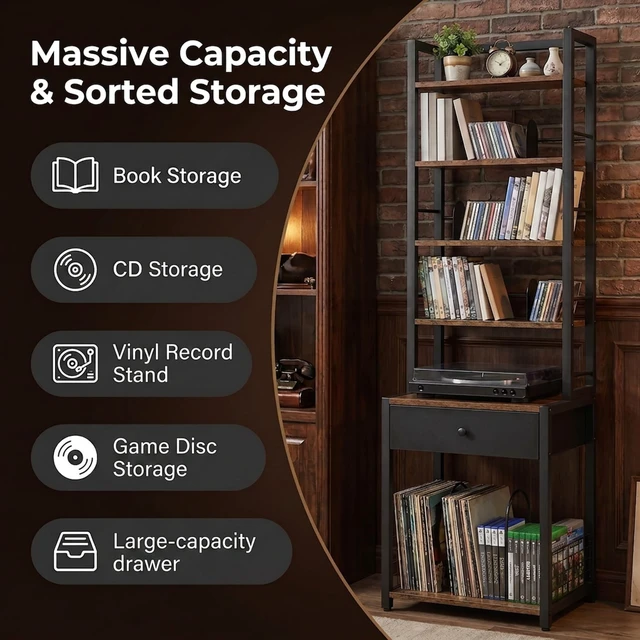 Alt view image 2 of 5 - VIPLEEO CD Storage Rack, 6-Tier DVD Organizer Shelf with Drawer & Adjustable Book Stoppers, Vinyl Record Holder &Multi-Purpose Media Organizer, Ideal for Living Room/Home Office,15.7x11.8x64.3Inch