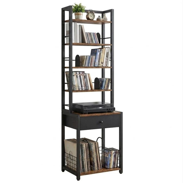 Main image of VIPLEEO CD Storage Rack, 6-Tier DVD Organizer Shelf with Drawer & Adjustable Book Stoppers, Vinyl Record Holder &Multi-Purpose Media Organizer, Ideal for Living Room/Home Office,15.7x11.8x64.3Inch