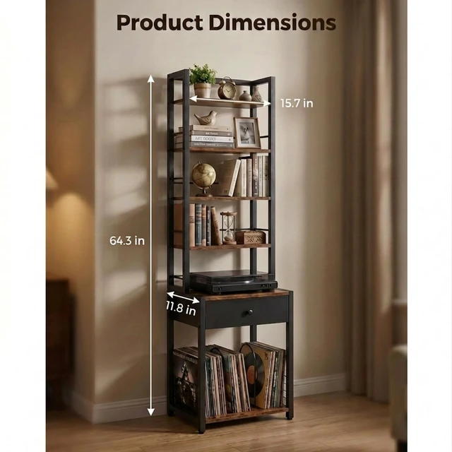 Alt view image 3 of 5 - VIPLEEO CD Storage Rack, 6-Tier DVD Organizer Shelf with Drawer & Adjustable Book Stoppers, Vinyl Record Holder &Multi-Purpose Media Organizer, Ideal for Living Room/Home Office,15.7x11.8x64.3Inch