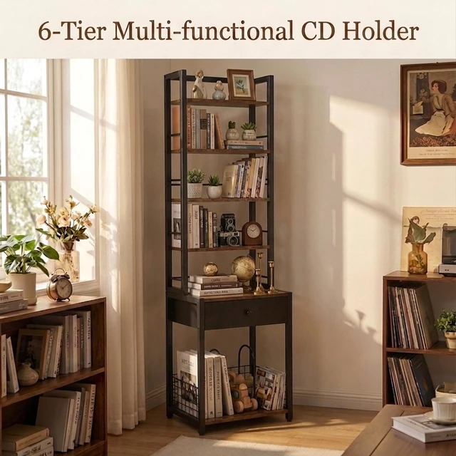 Alt view image 5 of 5 - VIPLEEO CD Storage Rack, 6-Tier DVD Organizer Shelf with Drawer & Adjustable Book Stoppers, Vinyl Record Holder &Multi-Purpose Media Organizer, Ideal for Living Room/Home Office,15.7x11.8x64.3Inch