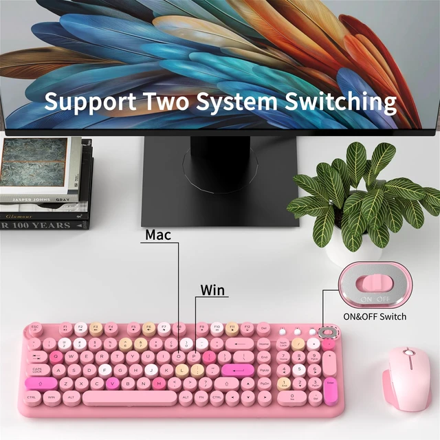 Alt view image 3 of 5 - COVEVA Colorful Wireless Keyboard and Mouse Combo (Pink Colorful)