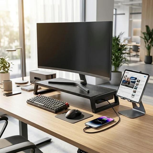 Alt view image 2 of 5 - Fayquaze Monitor Stand Riser with USB Hub, Ergonomic Laptop Stand, Desk Organizer for Computer