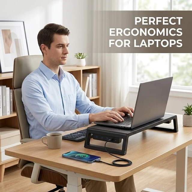 Alt view image 3 of 5 - Fayquaze Monitor Stand Riser with USB Hub, Ergonomic Laptop Stand, Desk Organizer for Computer