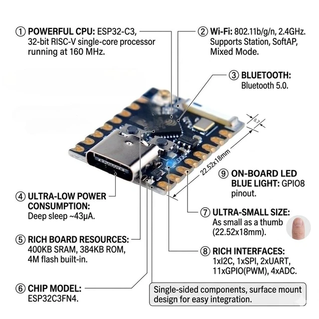 Alt view image 2 of 5 - RCmall ESP32-C3 Mini Development Board with External Antenna, WiFi Bluetooth 5.0, RISC-V 160MHz, 4MB Flash, for Arduino IoT Projects, 4 Pack