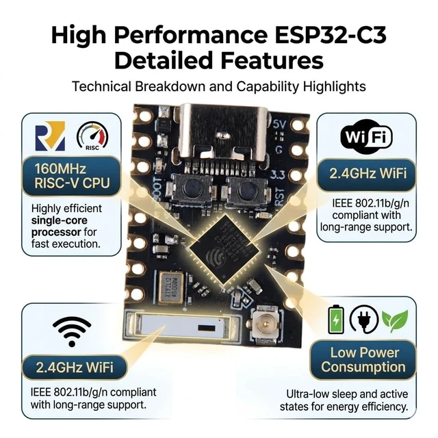 Alt view image 4 of 5 - RCmall ESP32-C3 Mini Development Board with External Antenna, WiFi Bluetooth 5.0, RISC-V 160MHz, 4MB Flash, for Arduino IoT Projects, 4 Pack