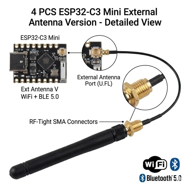 Alt view image 5 of 5 - RCmall ESP32-C3 Mini Development Board with External Antenna, WiFi Bluetooth 5.0, RISC-V 160MHz, 4MB Flash, for Arduino IoT Projects, 4 Pack