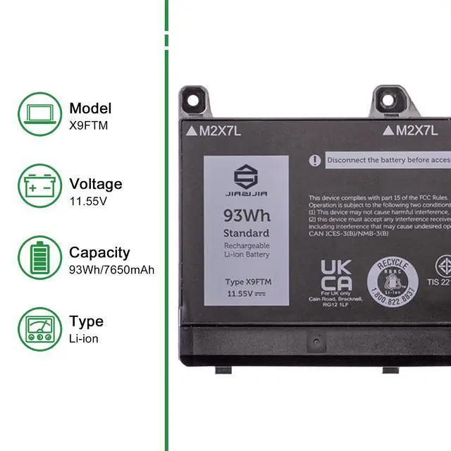 Alt view image 2 of 6 - X9FTM Laptop Battery Replacement for Dell Precision 7670 7680 7770 7780 Series Notebook 45N47 451-BCYG 05JMD8 5JMD8 965V4 Black 11.55V 93Wh 7650mAh