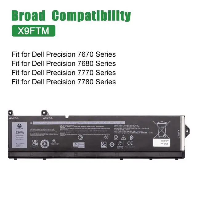 Alt view image 5 of 6 - X9FTM Laptop Battery Replacement for Dell Precision 7670 7680 7770 7780 Series Notebook 45N47 451-BCYG 05JMD8 5JMD8 965V4 Black 11.55V 93Wh 7650mAh