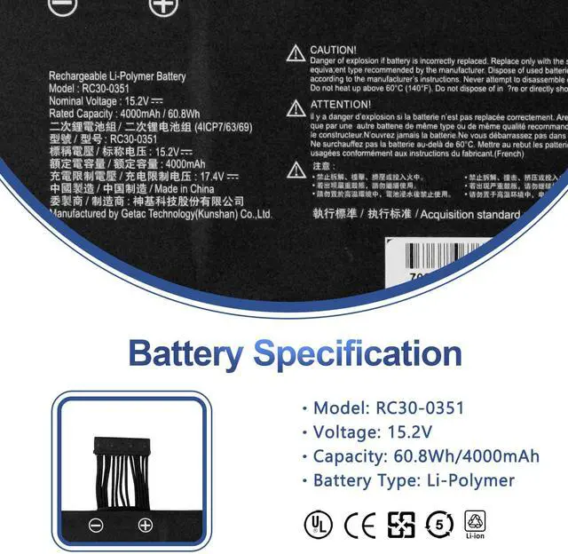 Alt view image 2 of 7 - RC30-0351 Laptop Battery Replacement for Razer Blade 15 Base 2020 2021 | RZ09-0351 RZ09-0369x Notebook Series RZ09-03519E11 4ICP7/63/69 Battery 15.2V 60.8Wh 4000mAh
