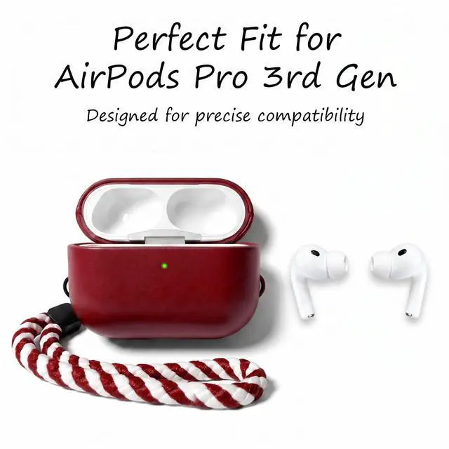 Alt view image 2 of 7 - for AirPods Pro 3 Genuine Leather CaseAll-Round ShockproofMulti Leather, Frame+Hide Patented Dual LayerWireless Charging ReadyLED Visiblewith Lanyard (Red, Waxed Leather)