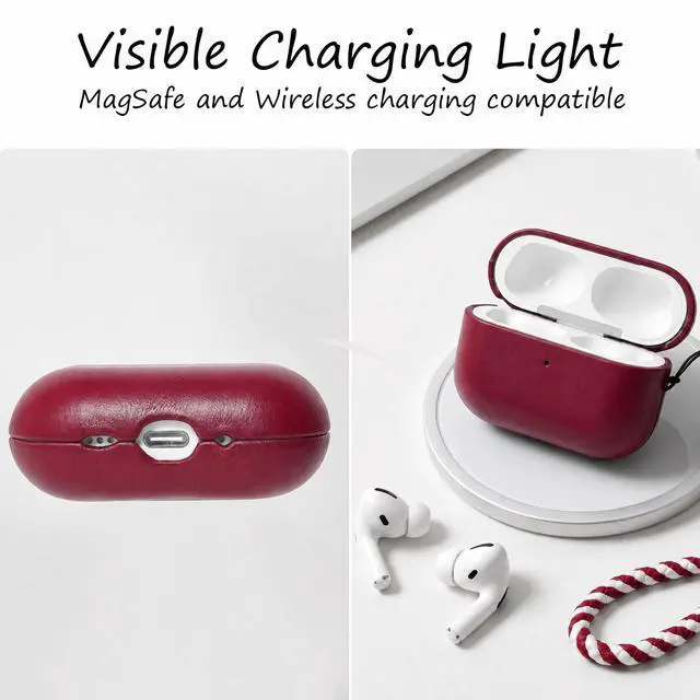 Alt view image 3 of 7 - for AirPods Pro 3 Genuine Leather CaseAll-Round ShockproofMulti Leather, Frame+Hide Patented Dual LayerWireless Charging ReadyLED Visiblewith Lanyard (Red, Waxed Leather)