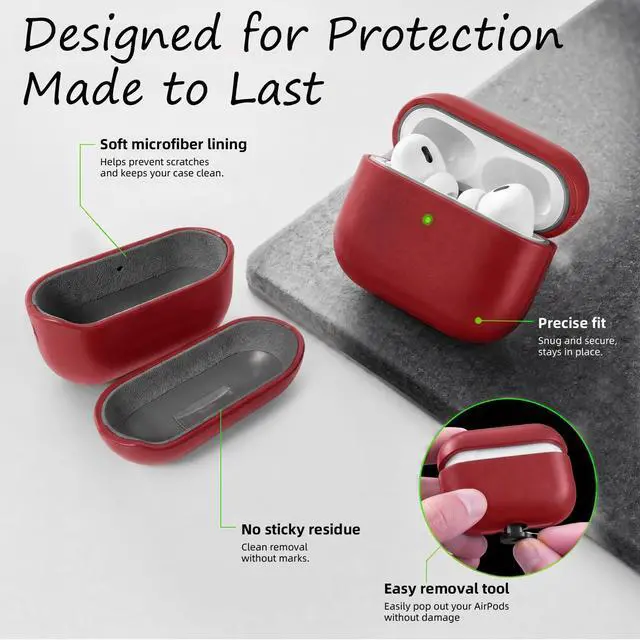 Alt view image 4 of 7 - for AirPods Pro 3 Genuine Leather CaseAll-Round ShockproofMulti Leather, Frame+Hide Patented Dual LayerWireless Charging ReadyLED Visiblewith Lanyard (Red, Waxed Leather)