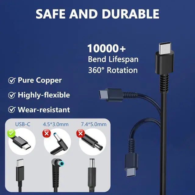 Alt view image 6 of 6 - 20V 3.25A 65W USB C Laptop Charger for HP, Compatible with HP Laptop Charger EliteBook 830 835 840 845 860 865 640 650, for Spectre x360, Pavilion, Envy, Chromebook Power Cord Adapter Supply