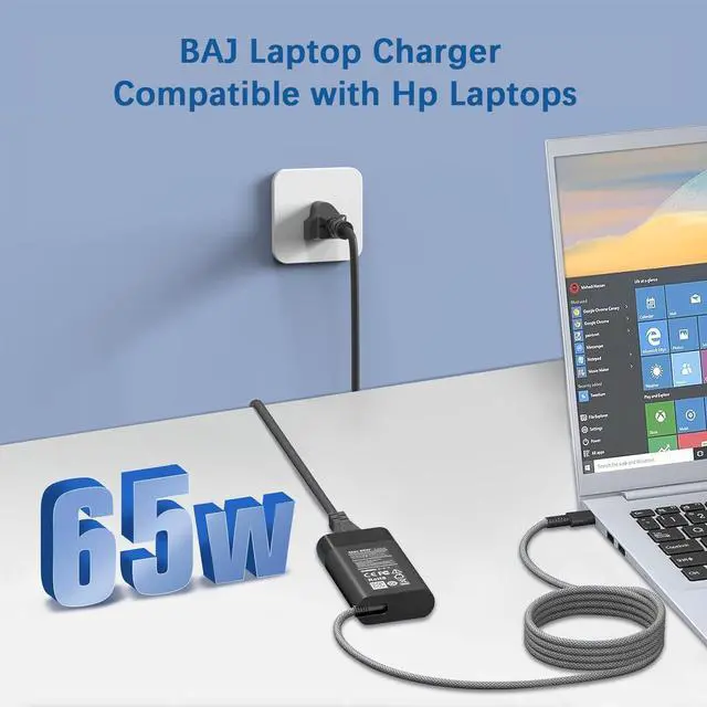 Alt view image 2 of 6 - Slim 65W USB C Laptop Charger Compatible with HP Envy/Elitebook/Spectre | for HP Envy X360, Elitebook/Spectre X360 14 2 in 1, HP Chromebook, Pavilion X2, Type C Portable Power Adapter