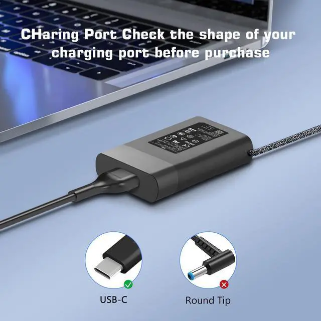 Alt view image 3 of 6 - Slim 65W USB C Laptop Charger Compatible with HP Envy/Elitebook/Spectre | for HP Envy X360, Elitebook/Spectre X360 14 2 in 1, HP Chromebook, Pavilion X2, Type C Portable Power Adapter
