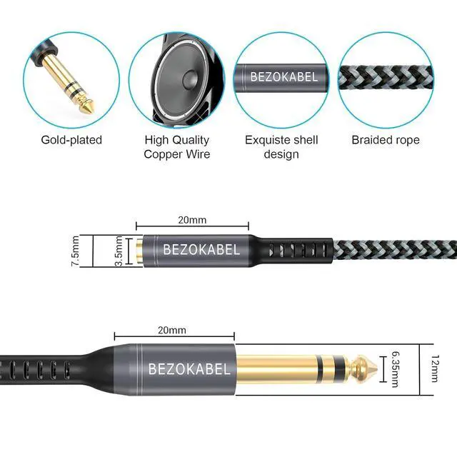 Alt view image 5 of 6 - 1/4 to 3.5mm Headphone Adapter 8ft, TRS 6.35mm Male to 3.5mm Female, 1/4 to 1/8 Stereo Jack Adapter for Amplifiers, Guitar- 8ft