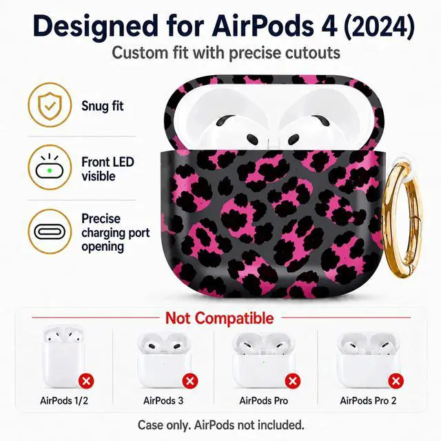 Alt view image 2 of 6 - Compatiable with AirPod 4 Protective Case 2024, Soft Protective Case with Keychain for Women,Cute& Sleek Design Shockproof Charging Case Cover for AirPod 4(Pink Black Leopard)