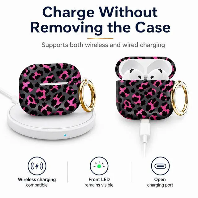 Alt view image 4 of 6 - Compatiable with AirPod 4 Protective Case 2024, Soft Protective Case with Keychain for Women,Cute& Sleek Design Shockproof Charging Case Cover for AirPod 4(Pink Black Leopard)
