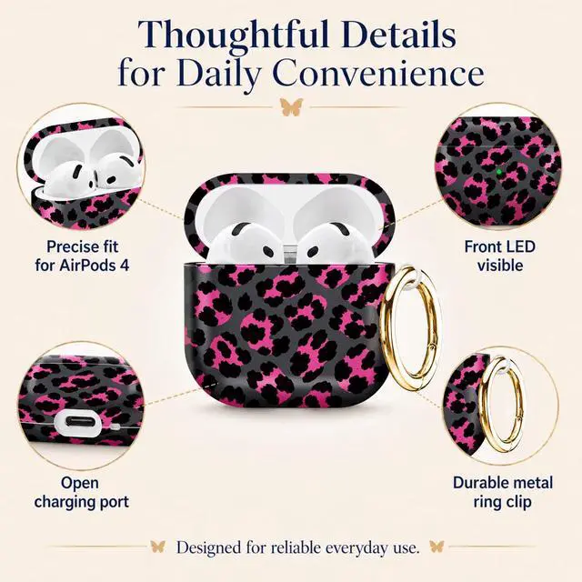 Alt view image 5 of 6 - Compatiable with AirPod 4 Protective Case 2024, Soft Protective Case with Keychain for Women,Cute& Sleek Design Shockproof Charging Case Cover for AirPod 4(Pink Black Leopard)