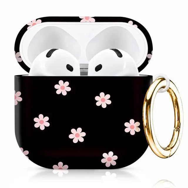 Main image of Compatiable with AirPod 4 Protective Case 2024, Soft Protective Case with Keychain for Women,Cute& Sleek Design Shockproof Charging Case Cover for AirPod 4(Pink Flowers On Black Background)