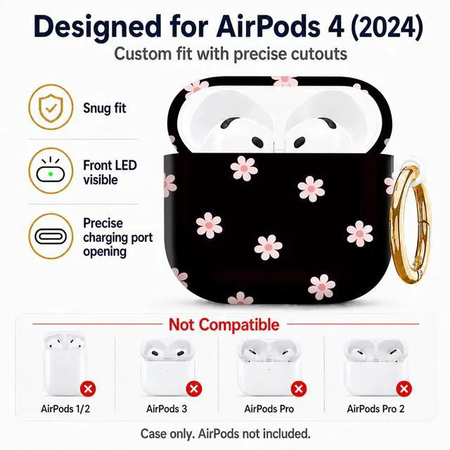 Alt view image 2 of 6 - Compatiable with AirPod 4 Protective Case 2024, Soft Protective Case with Keychain for Women,Cute& Sleek Design Shockproof Charging Case Cover for AirPod 4(Pink Flowers On Black Background)