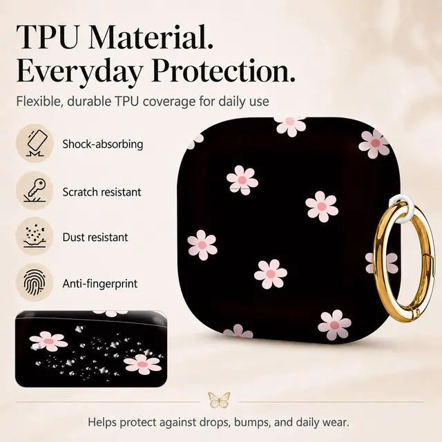 Alt view image 3 of 6 - Compatiable with AirPod 4 Protective Case 2024, Soft Protective Case with Keychain for Women,Cute& Sleek Design Shockproof Charging Case Cover for AirPod 4(Pink Flowers On Black Background)