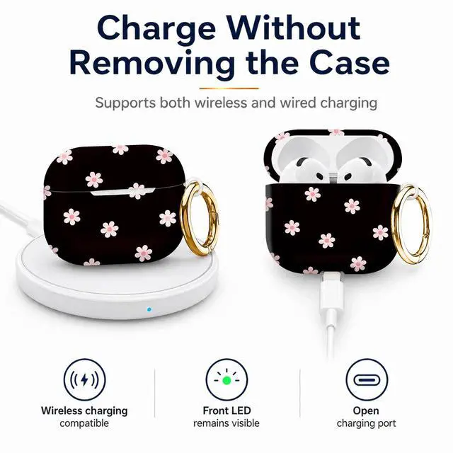 Alt view image 4 of 6 - Compatiable with AirPod 4 Protective Case 2024, Soft Protective Case with Keychain for Women,Cute& Sleek Design Shockproof Charging Case Cover for AirPod 4(Pink Flowers On Black Background)