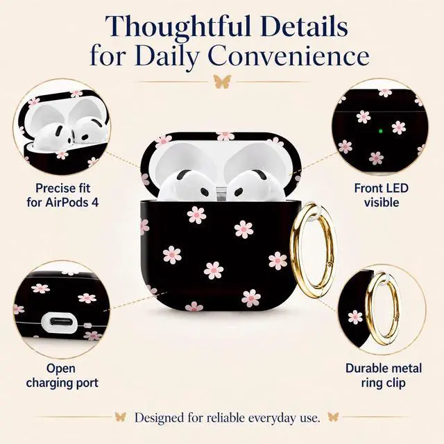 Alt view image 5 of 6 - Compatiable with AirPod 4 Protective Case 2024, Soft Protective Case with Keychain for Women,Cute& Sleek Design Shockproof Charging Case Cover for AirPod 4(Pink Flowers On Black Background)