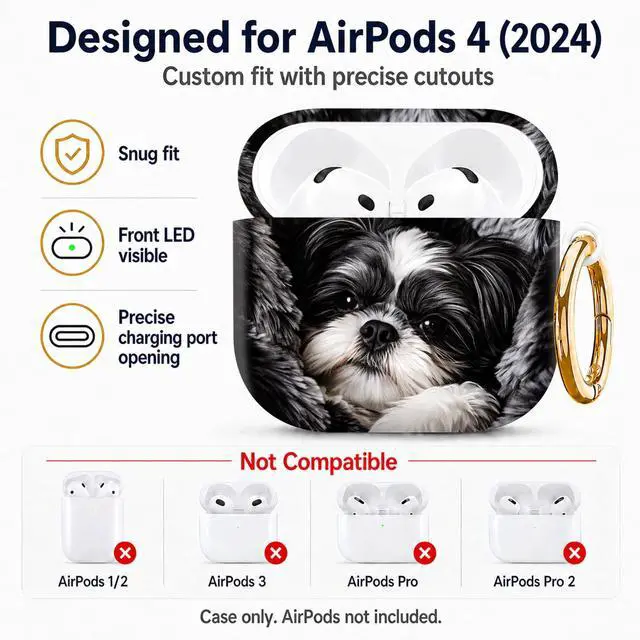 Alt view image 2 of 6 - Compatiable with AirPod 4 Protective Case 2024, Soft Protective Case with Keychain for Women,Cute& Sleek Design Shockproof Charging Case Cover for AirPod 4(Black and White Dog Fur)