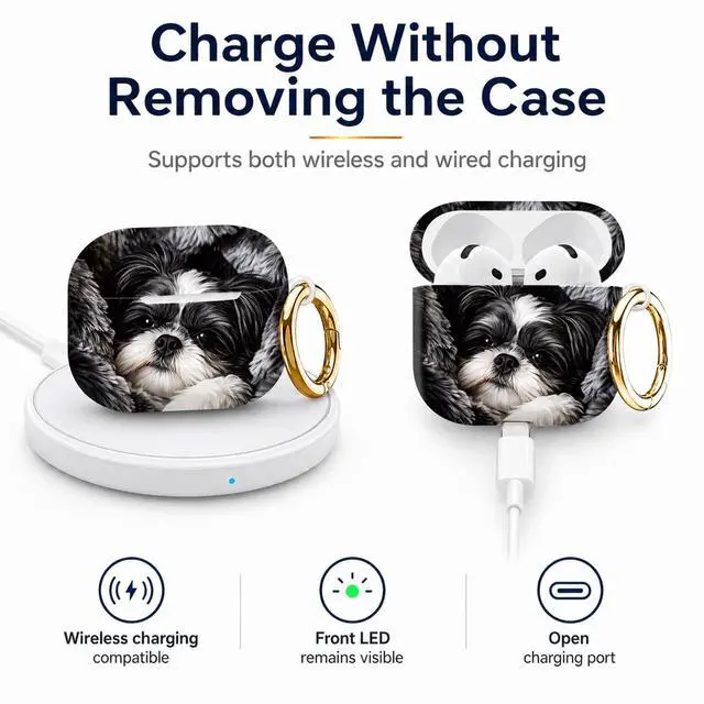 Alt view image 4 of 6 - Compatiable with AirPod 4 Protective Case 2024, Soft Protective Case with Keychain for Women,Cute& Sleek Design Shockproof Charging Case Cover for AirPod 4(Black and White Dog Fur)