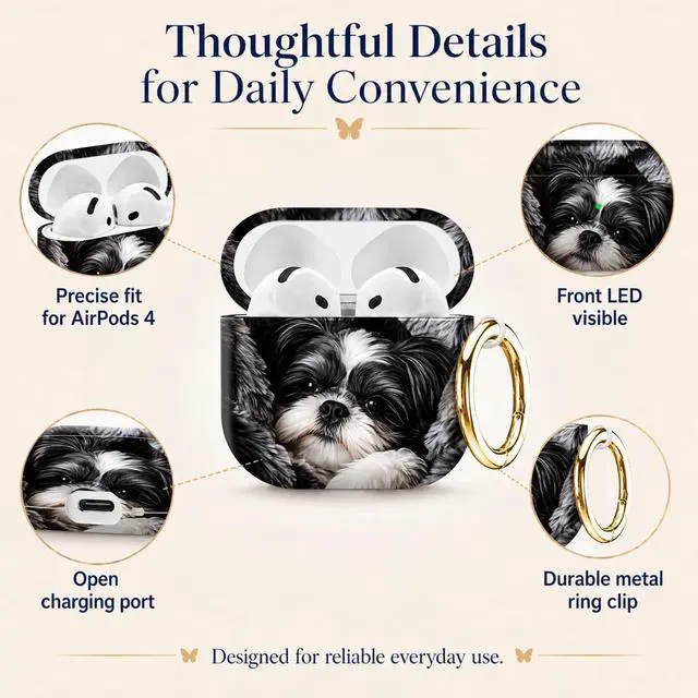 Alt view image 5 of 6 - Compatiable with AirPod 4 Protective Case 2024, Soft Protective Case with Keychain for Women,Cute& Sleek Design Shockproof Charging Case Cover for AirPod 4(Black and White Dog Fur)